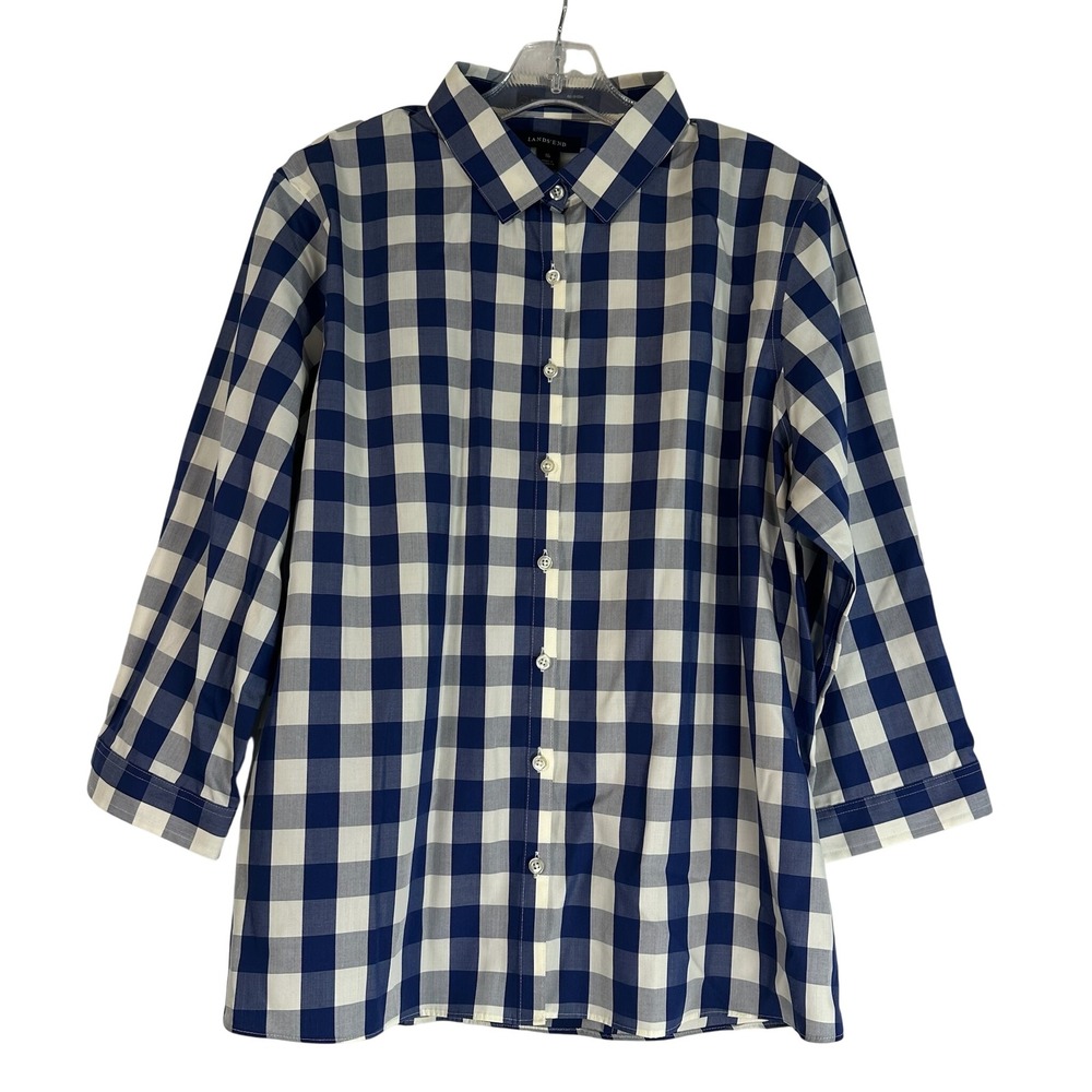 Lands End Womens 16 Navy Blue White Gingham Supima Cotton 3/4 Sleeve Shirt